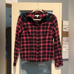 🤠🌺Sequined Plaid Flannel Button-down Top
